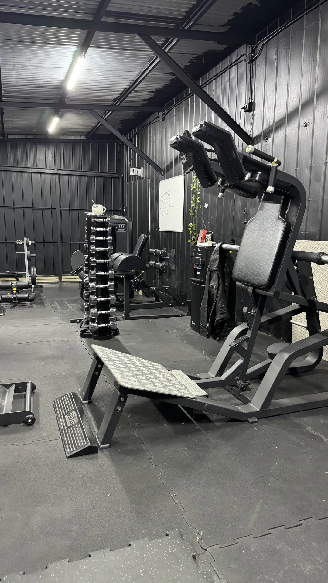 Interior del estudio Prometheus con maquinas de fuerza y suelo de goma